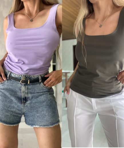 Ref. 013: 2 blusas sisas escote ovalado en colores lila y verde militar