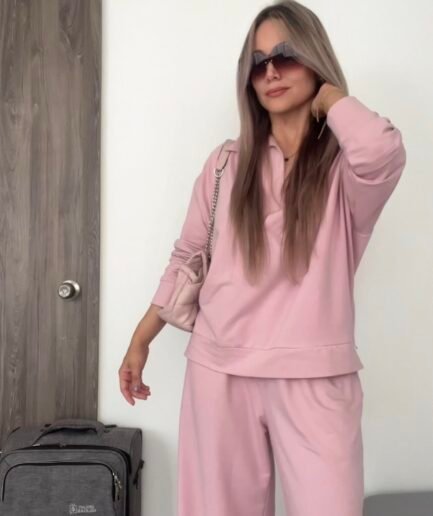 Ref. 075: Set viajero pantalón recto y buzo con cuello - palo de rosa