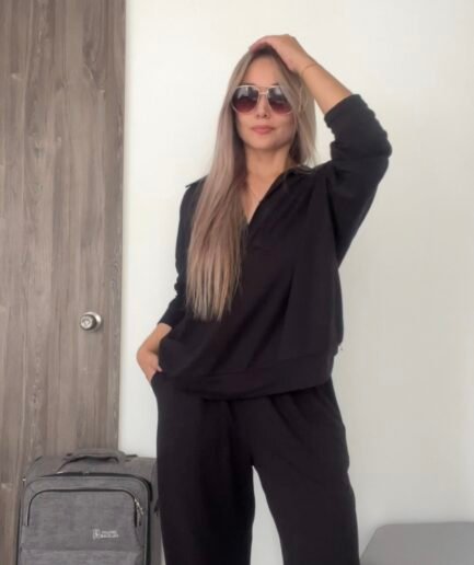 Ref. 075: Set viajero pantalón recto y buzo con cuello - negro